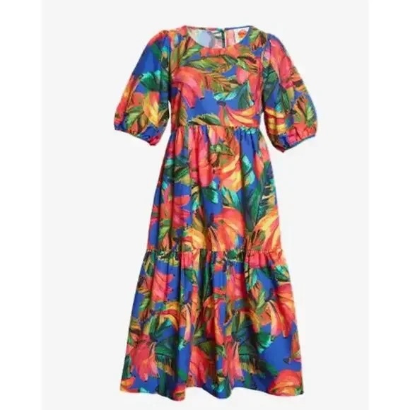 Farm Rio Bananamix Tiered Cotton Midi Dress Size M - Picture 2 of 9